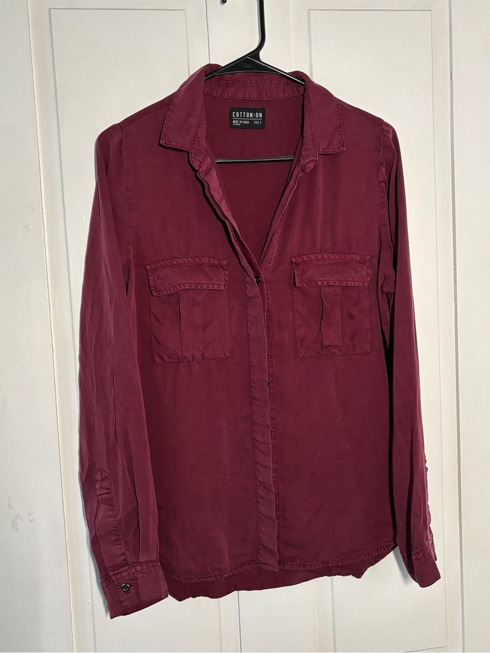 Cotton On Burgundy Long Sleeve Utility Button Shirt Double Chest Pocket Relaxed